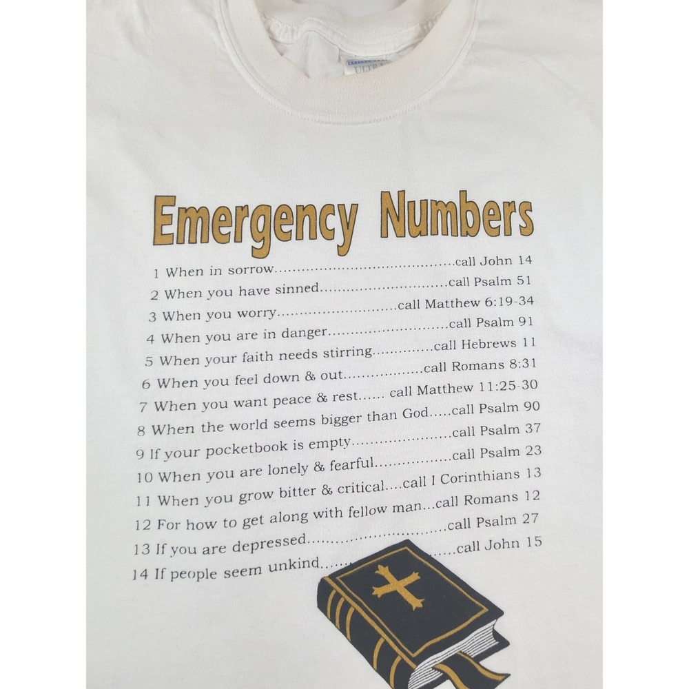 Gildan‎ Emergency Numbers Bible Verse T-Shirt Mens XXL White Ultra Blend Graphic